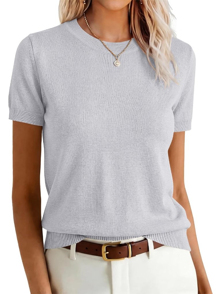 Women's Grey Wool Blend Crew Neck Short Sleeve Outfit Casual Pull On Sweater